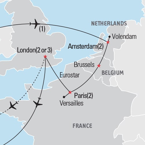 Map of Benelux, Paris & London tour