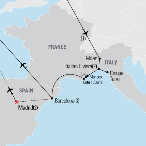 Cinque Terre, Cote d'Azur and Barcelona map