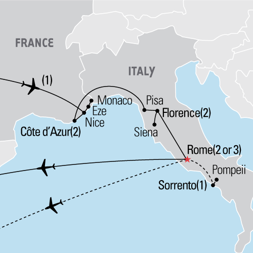 Map of Cote d'Azur, Florence & Rome tour