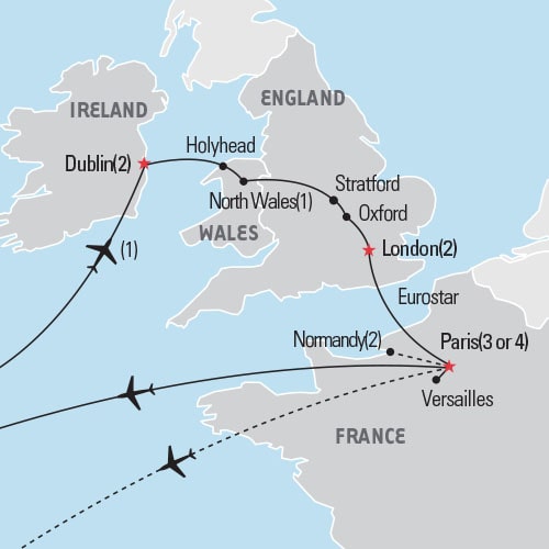 Map of Dublin, London & Paris tour