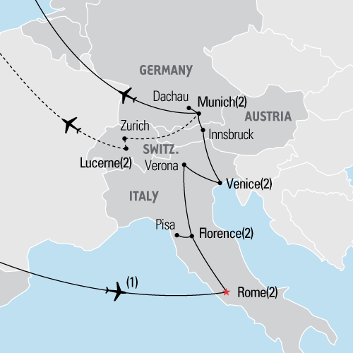 Map of Italy, Austria & Germany tour