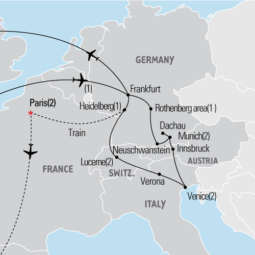 Map of Germany, Switzerland & Italy tour