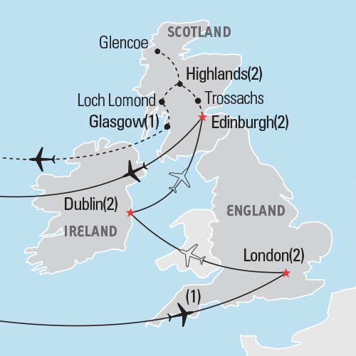 Map of London, Dublin & Edinburgh tour