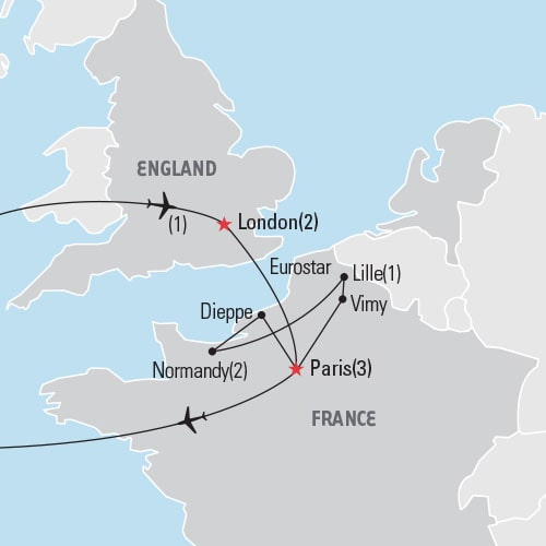 Map of D-Day London & France tour