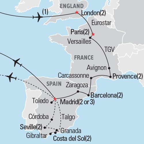 Map of London, France & Spain tour