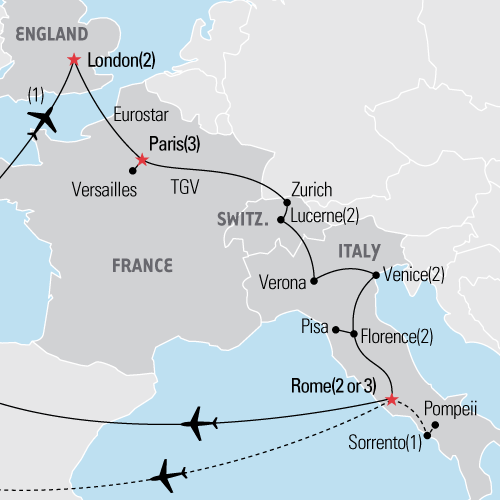 Map of London, Paris, Switzerland & Italy tour