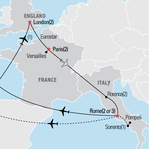 Map of the London, Paris & Italy tour