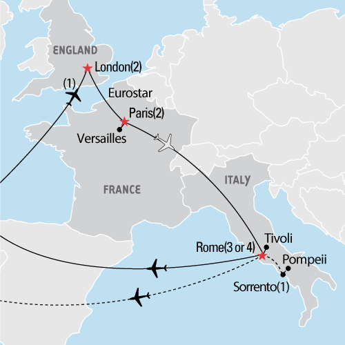Map of the London, Paris & Rome tour