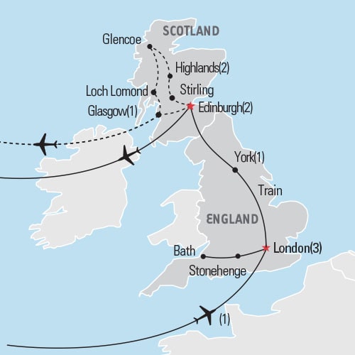 Map of London, York & Edinburgh tour