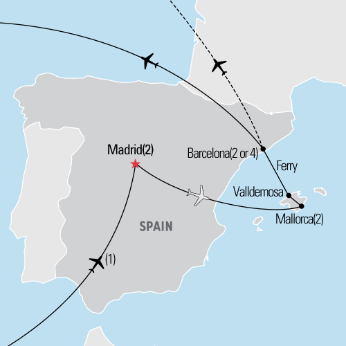 Map of Madrid, Mallorca and Barcelona