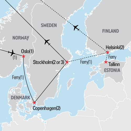 Oslo, Copenhagen and Stockholm map