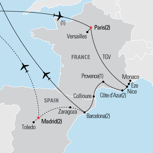 Map of Paris, the Cote d'Azur and Barcelona tour