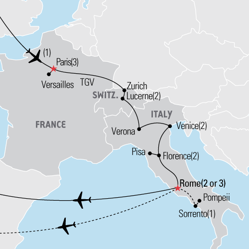 Map of Paris, Switzerland & Italy tour