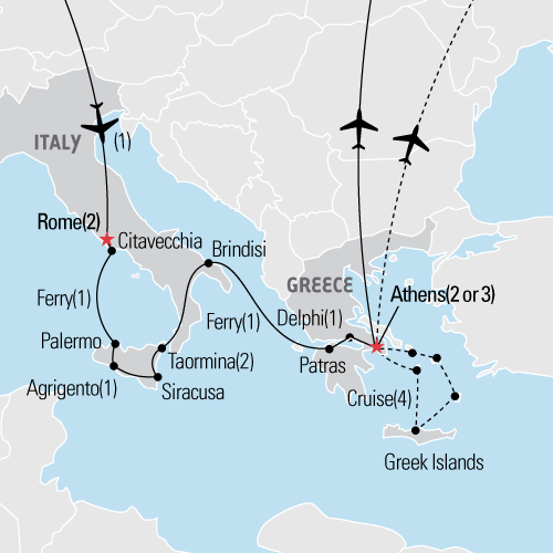 Map of Rome, Sicily & Greece tour
