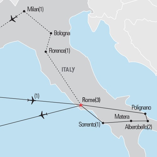 Map of Rome & the South of Italy tour