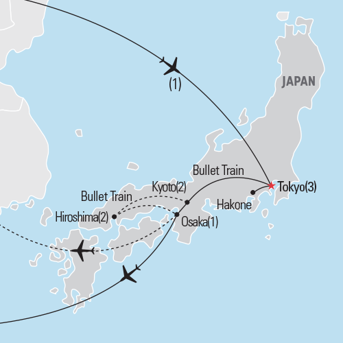 Map of Tokyo, Kyoto & Osaka tour