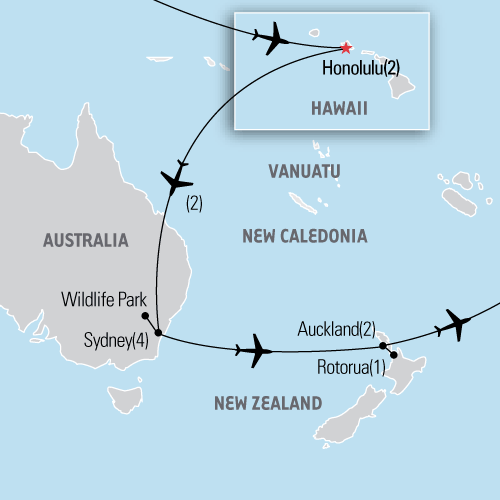 Map of Hawaii, Australia & New Zealand tour