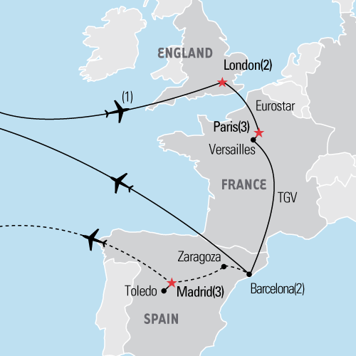 Map of the London, Paris & Barcelona tour