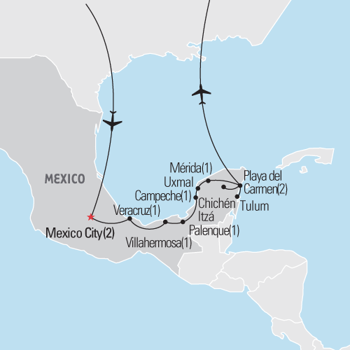 Map of Mexico City & the Yucatán tour