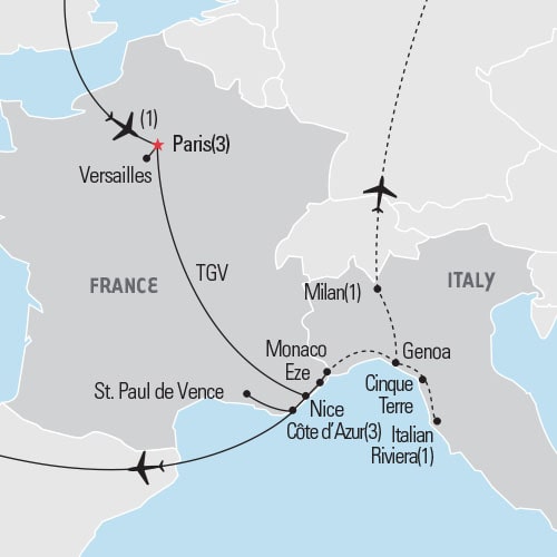 Map of Paris & the Côte d'Azur tour