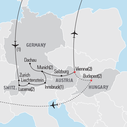 Map of Switzerland, Bavaria & Austria tour