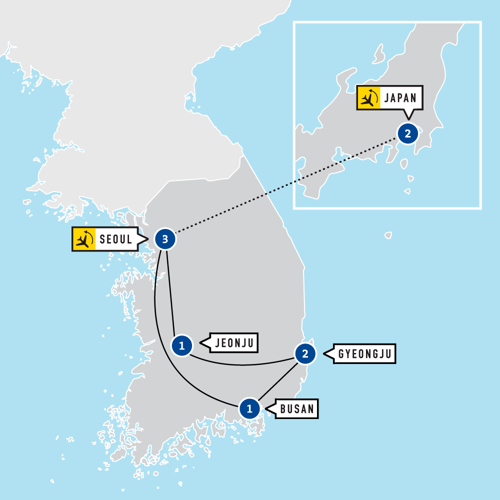Map of Seoul, Gyeongju & Busan.