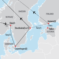 Oslo, Cophenhagen and Stockholm map.
