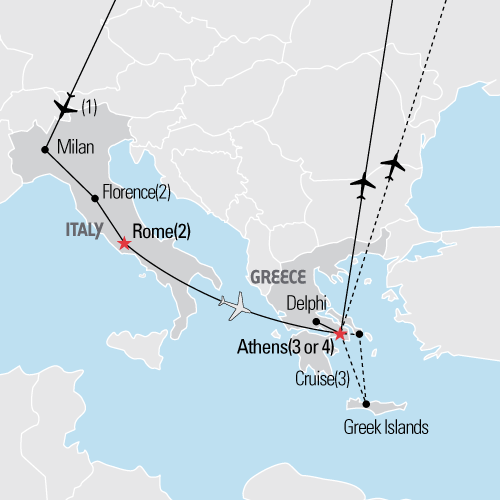 Map of Florence, Rome and Athens tour