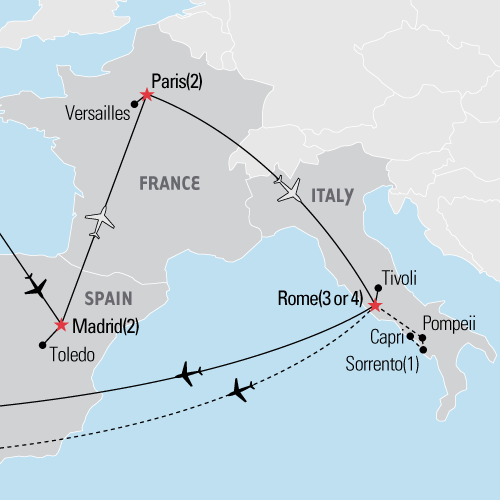 Map of Madrid, Paris and Rome