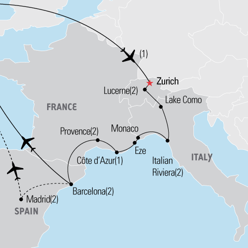Map of Switzerland & Mediterranean tour - Explorica